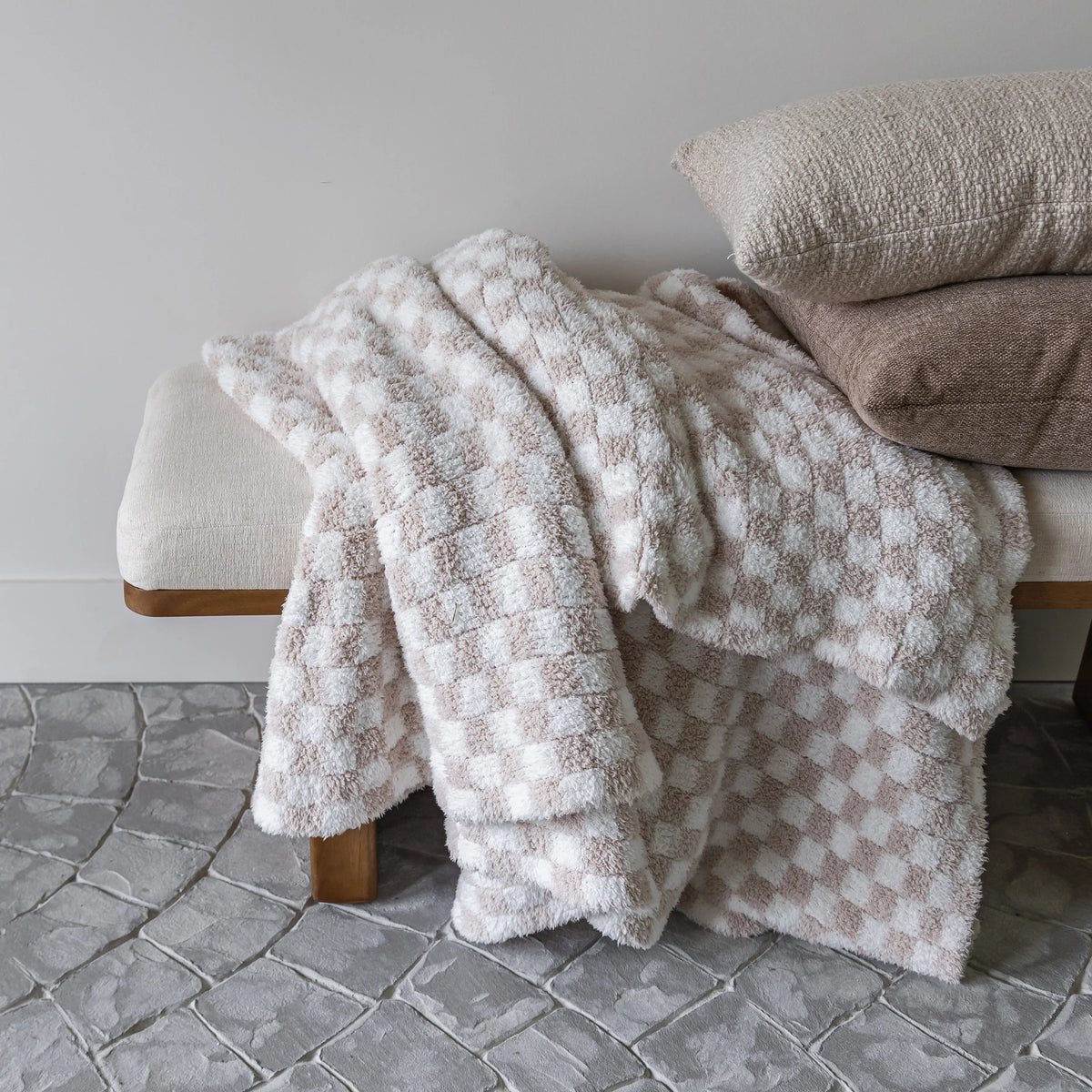 Beige Check Heavyweight Knit Throw