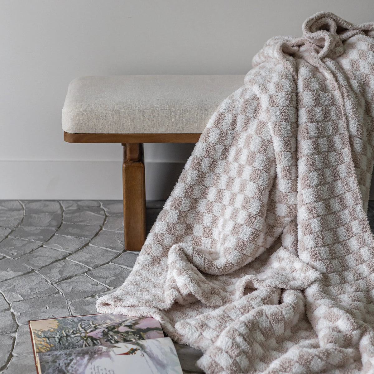 Beige Check Heavyweight Knit Throw